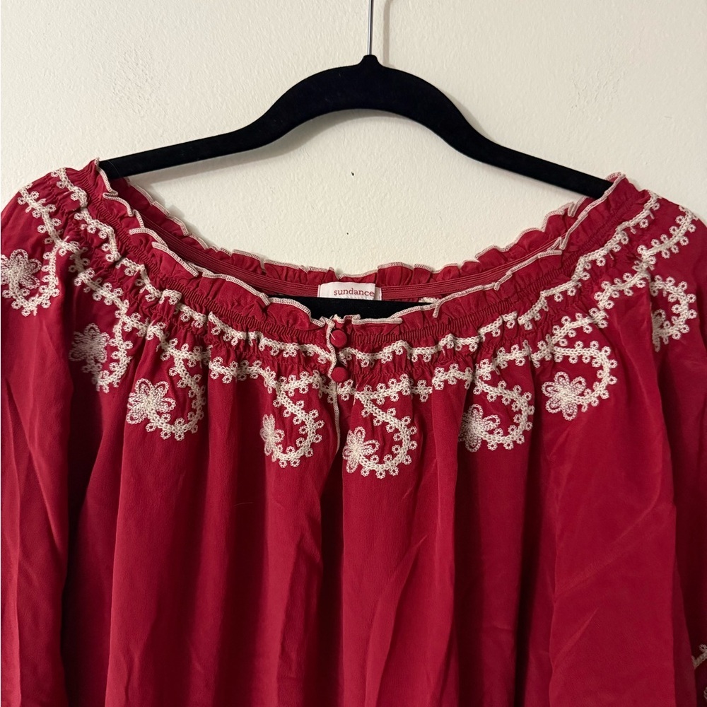 Sundance Crimson Minidress/Tunic with Beige Embroidery, 100% Silk (no size tag) - Picture 3 of 9